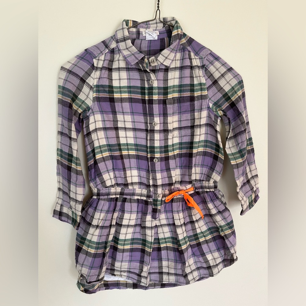 Girl’s Crewcuts flannel plaid tunic long sleeve shirt purple tie waist size 6
